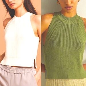 NWOT Aritza Wilfred 2 Halter Olive Green White Sleeveless Knit Tops Size S